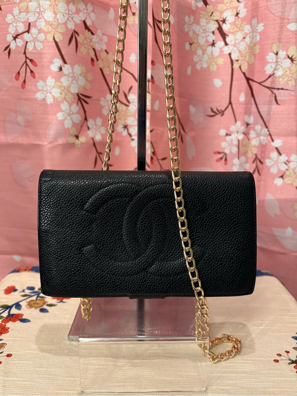 Chanel Caviar Timeless Medium Wallet Black Vintage with Chain & COA